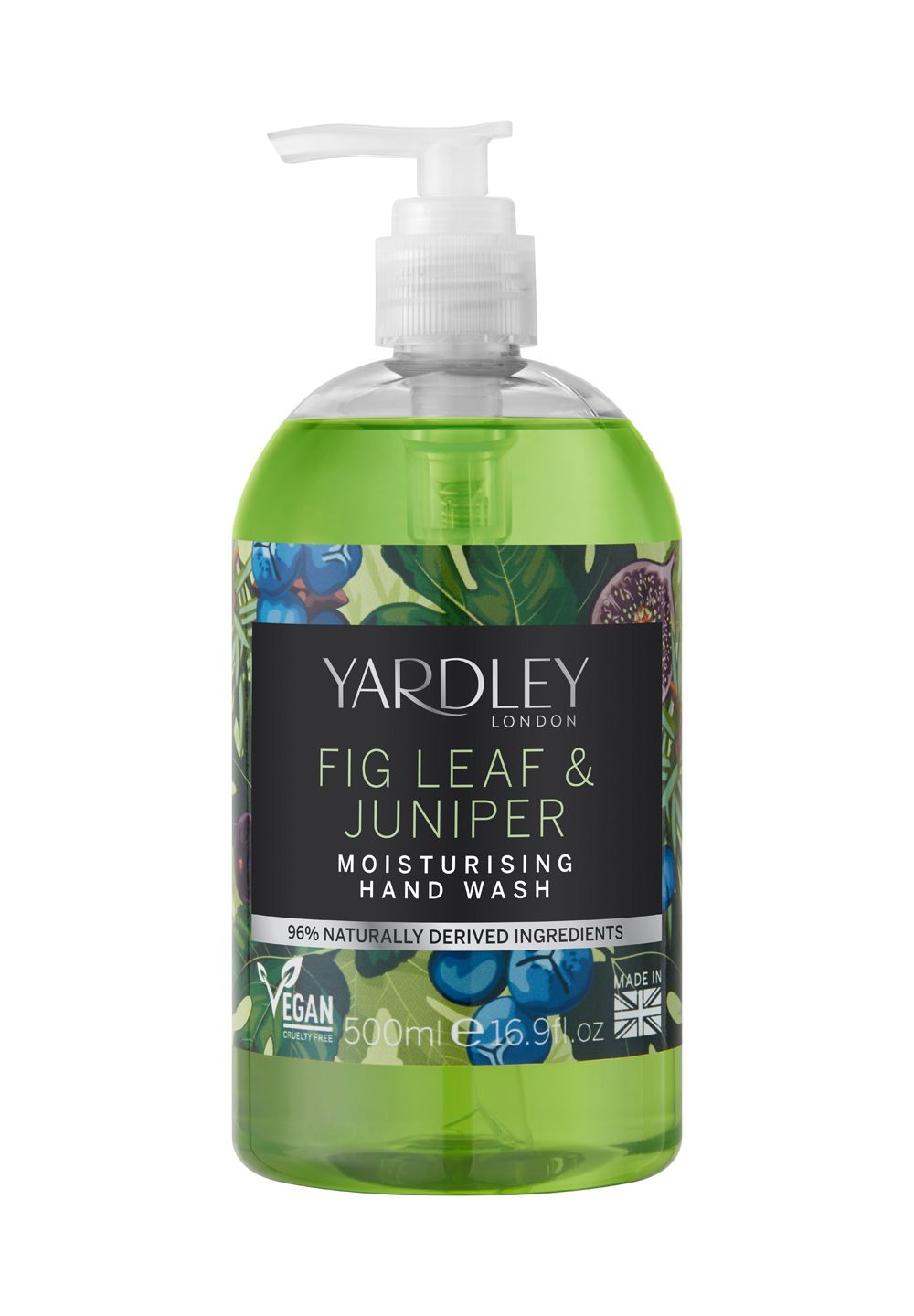 Yardley London Handwaschflüssigkeit mit Feigenblatt & Wacholder, 500ml. Veganes Produkt mit 96% natürlich gewonnenen Inhaltsstoffen.