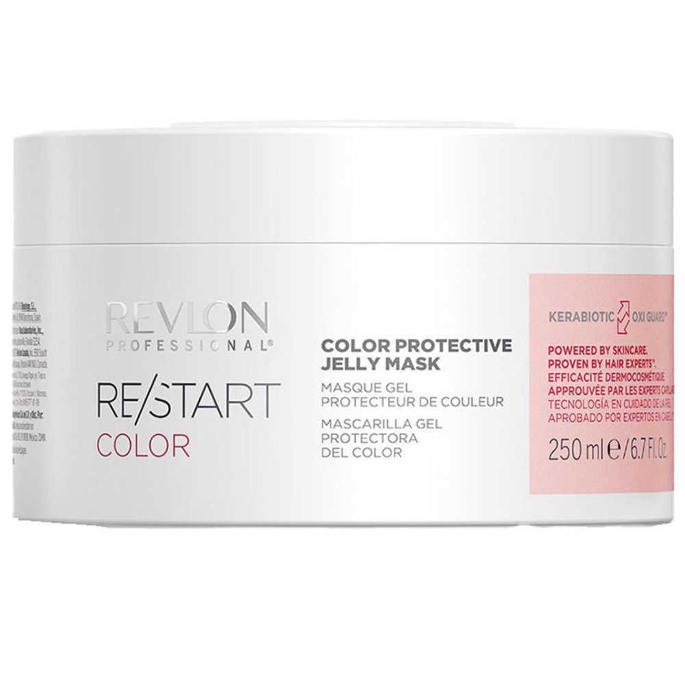 Weißer Tiegel mit Produktbeschriftung. Aufschrift: Revlon, Re/Start Color, Color Protective Jelly Mask. Rosa Etikett mit Text und Logo.