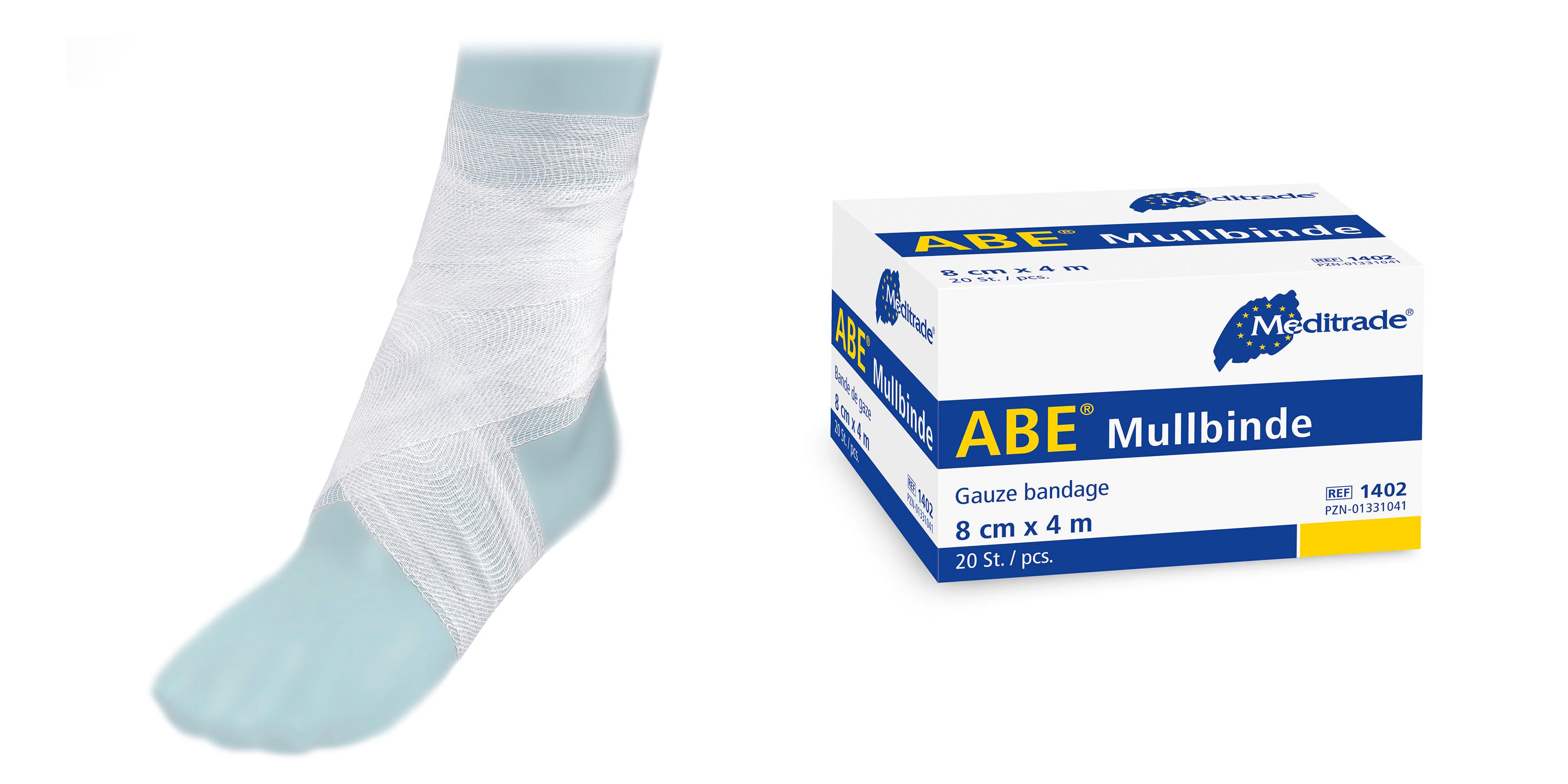 Fuß mit Mullbinde umwickelt. Daneben eine Verpackung mit der Aufschrift ABE® Mullbinde, 8 cm x 4 m.