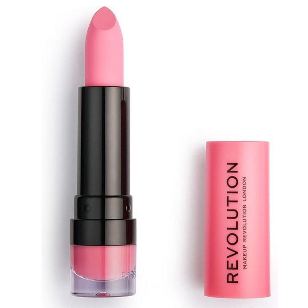Pinkfarbener Lippenstift von Makeup Revolution. Geöffnet, mit separatem Deckel. Schwarzer Schaft, rosa Lippenstiftspitze.