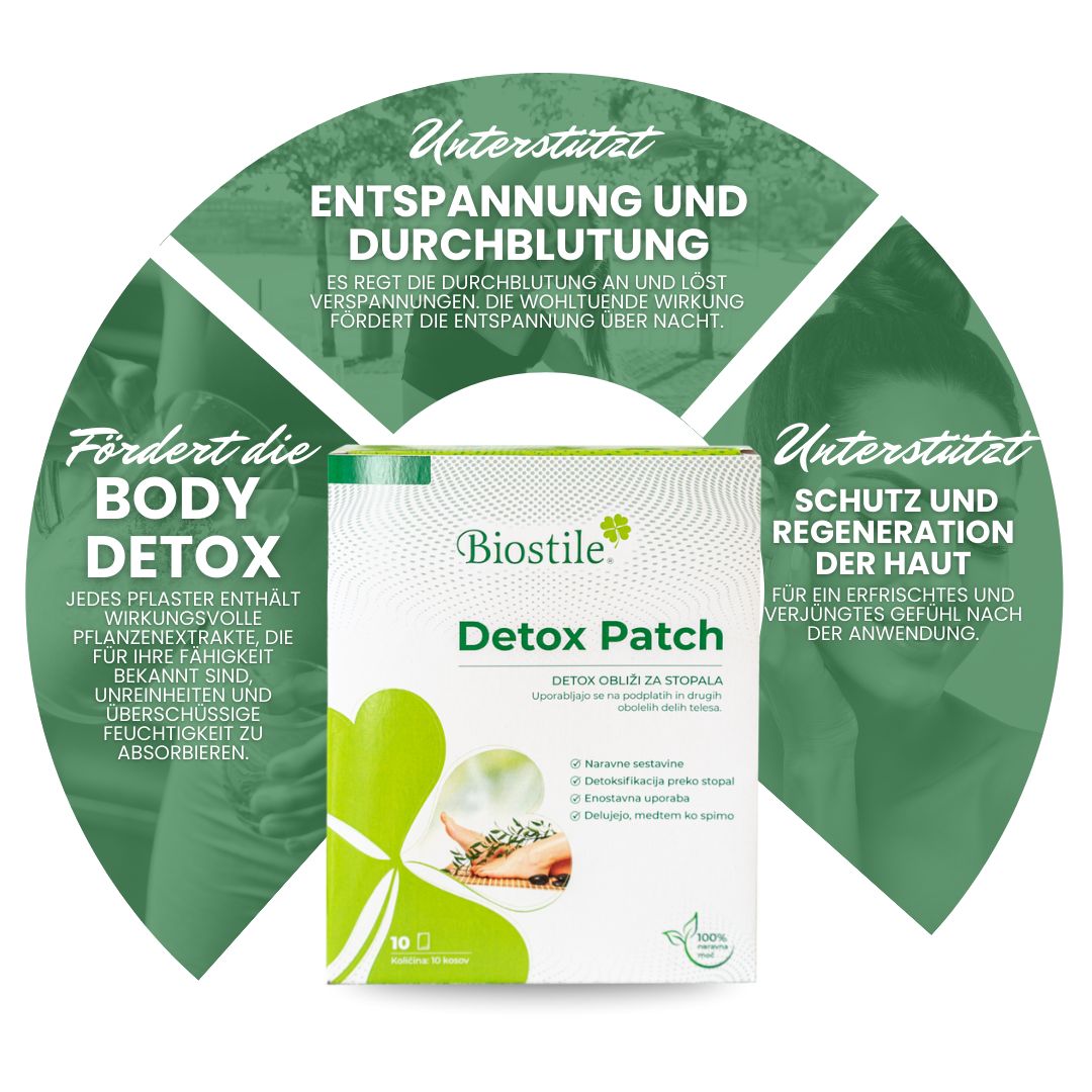 Biostile Detox Patch Packung mit Bambus, Text über Entspannung und Durchblutung.
