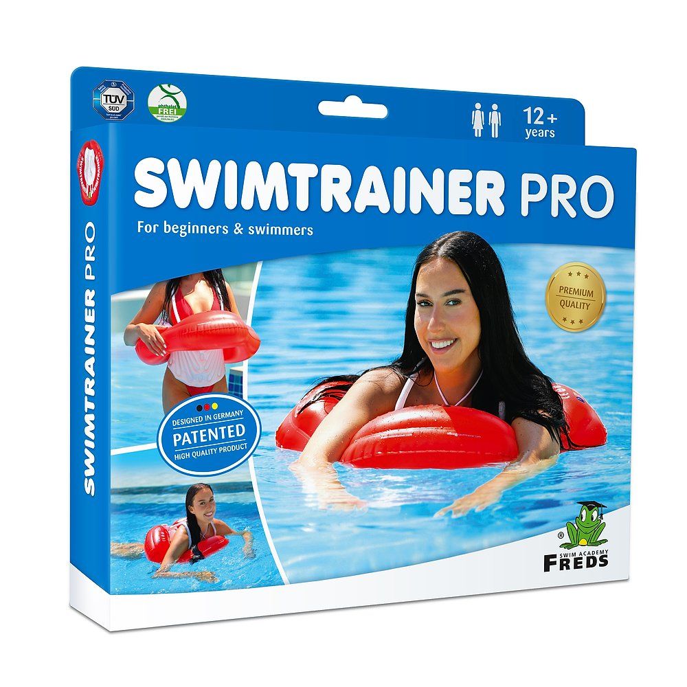 Verpackung des Swimtrainer Pro mit Frau im Wasser. Für Anfänger und Schwimmer ab 12 Jahren.