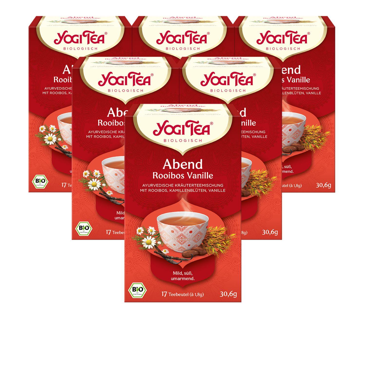 Mehrere Packungen Tee, rot, mit Logo und Produktbezeichnung. Bio-Siegel. 17 Teebeutel pro Packung.