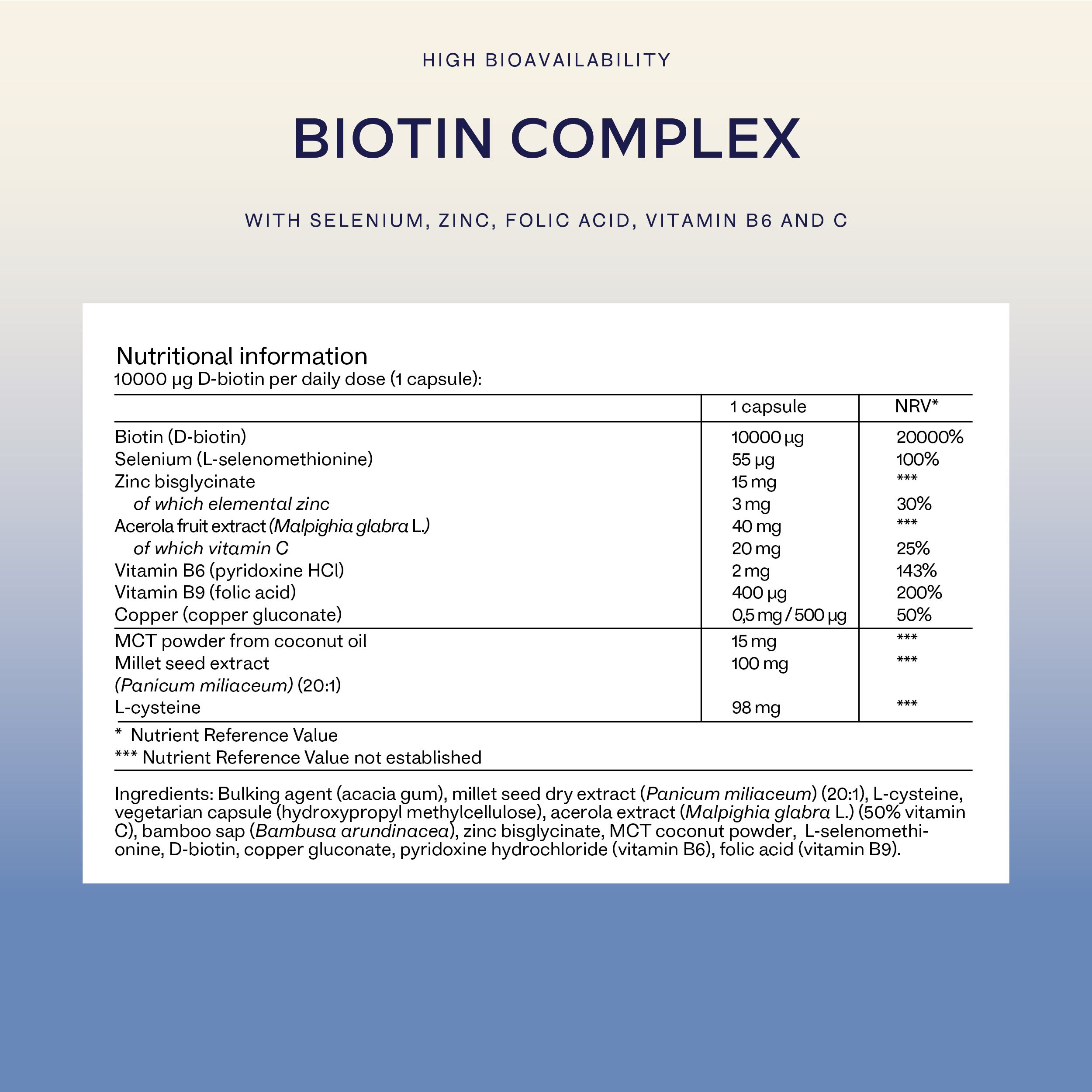 Aavalabs Biotin Komplex Flasche mit detaillierter Nährwerttabelle auf der Vorderseite.