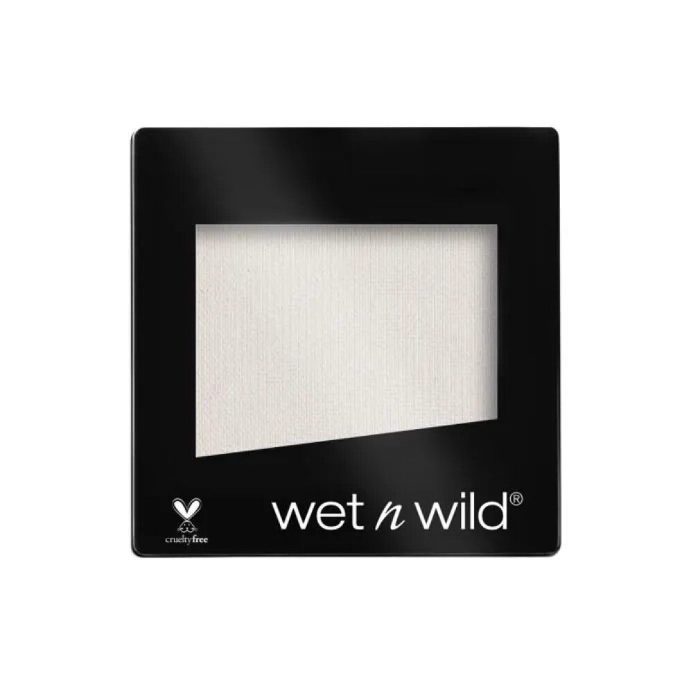Quadratische Lidschatten-Palette in Schwarz mit weißem Lidschatten. Marke: wet n wild. Cruelty-free-Logo.