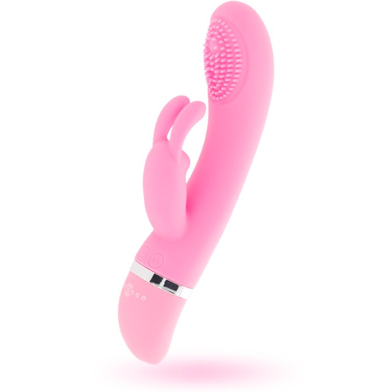 Rosa Vibrator aus Silikon mit Hasenohren und strukturiertem Kopf. Silberne Akzente am Griff.