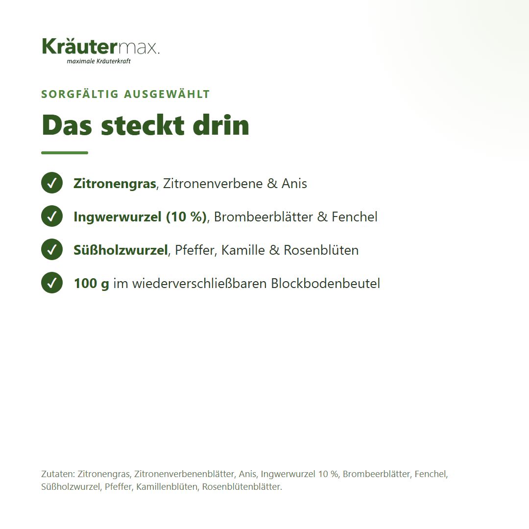Zutatenliste für Kräutermax Ingwerstraum Tee, 100g.