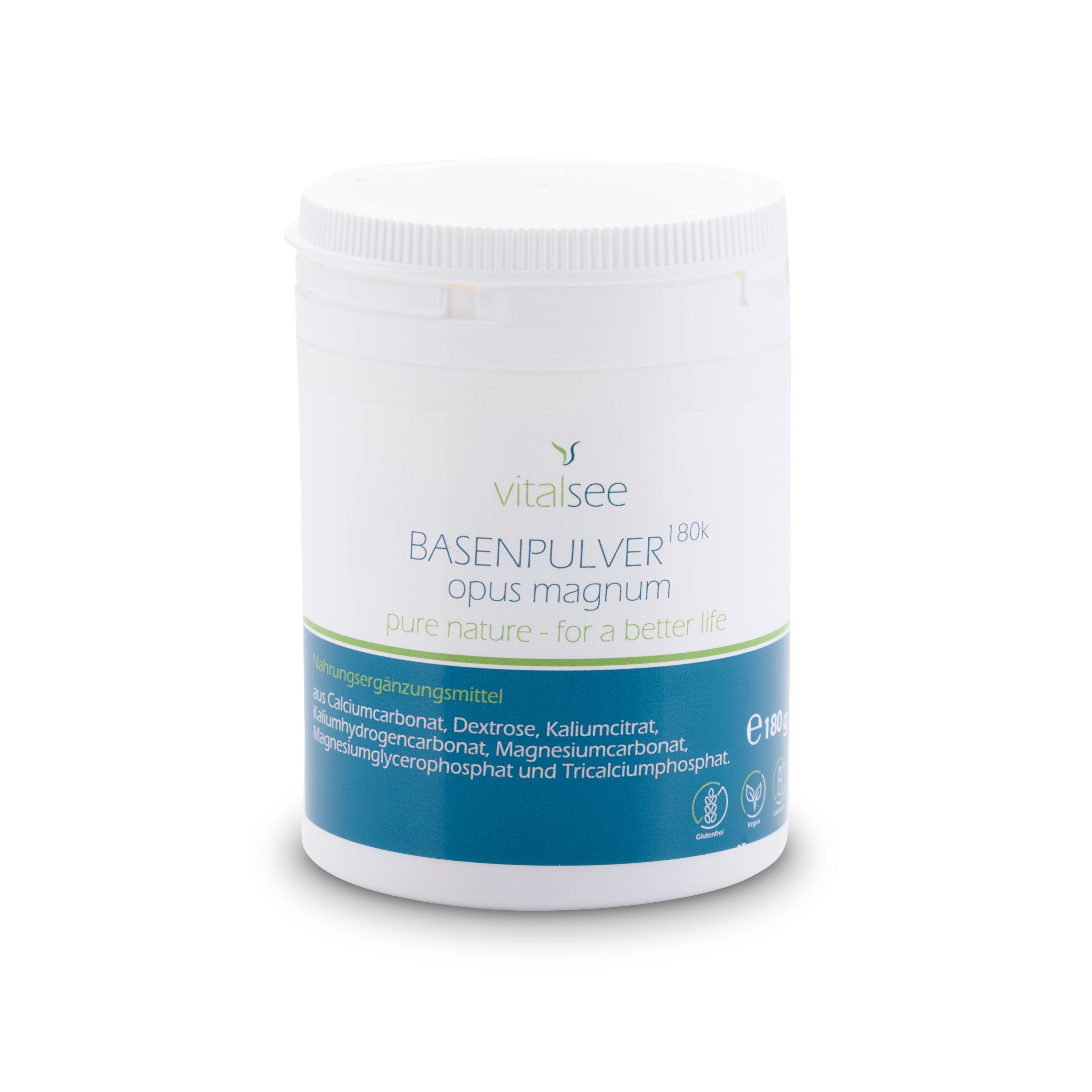Weißer Behälter mit blauem Streifen. Aufschrift: Vitalsee BASENPULVER 180k opus magnum. Grün-weiße Schrift: pure nature - for a better life.