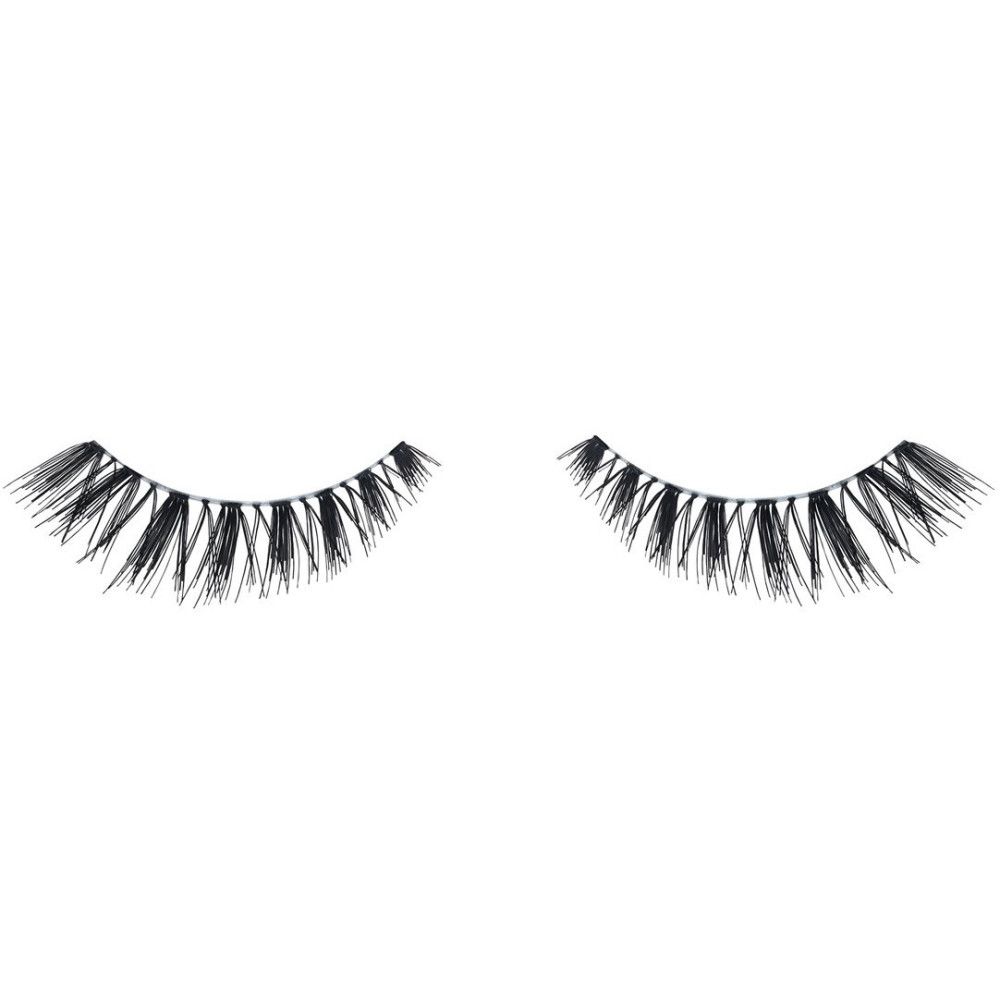 Paar falsche Wimpern. Schwarze Kunstfasern, transparente Basis. Wispy-Effekt.