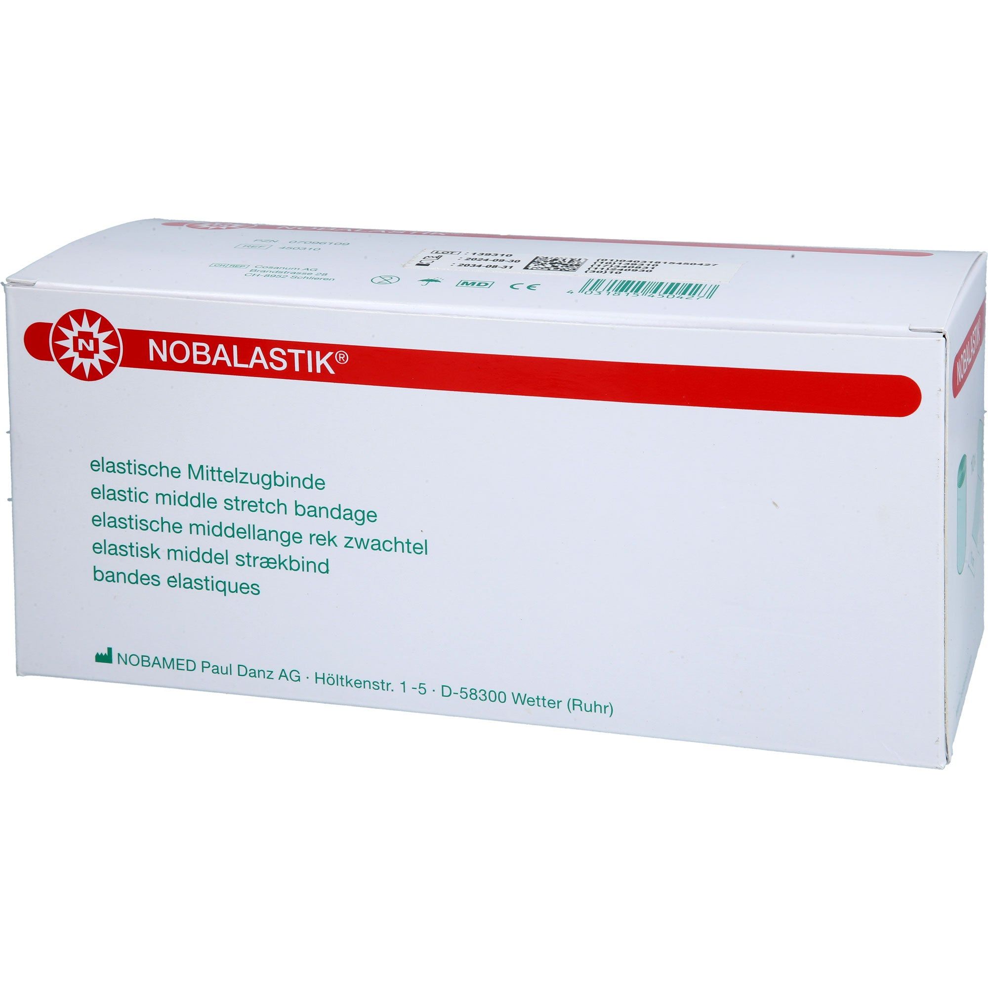 Verpackung mit Aufschrift NOBALASTIK, elastische Mittelzugbinde. Weißer Karton mit rotem Streifen.