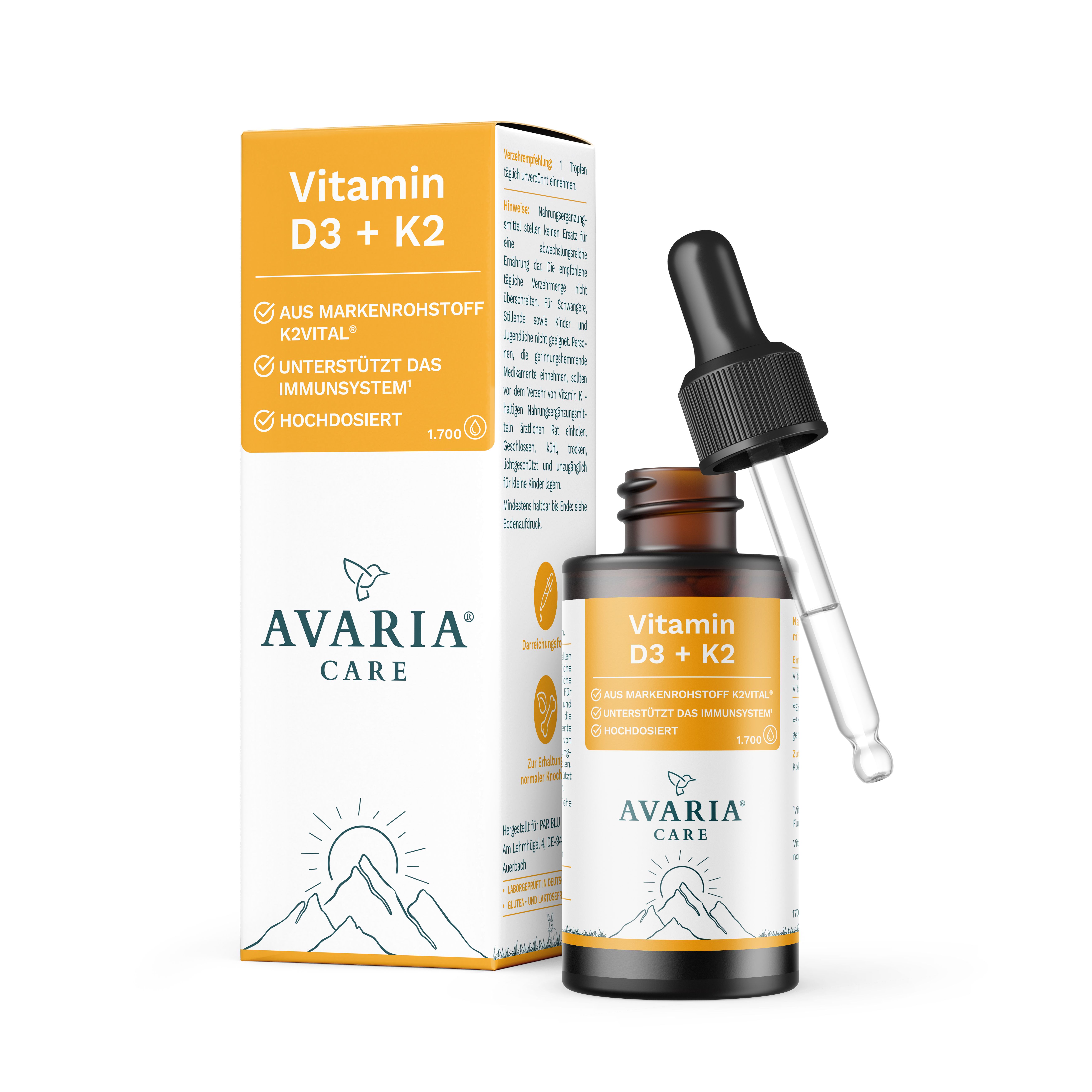 Produktflasche und Verpackung. Aufschrift: Vitamin D3 + K2. Text: Unterstützt das Immunsystem. Logo: AVARIA CARE. Tropfer.
