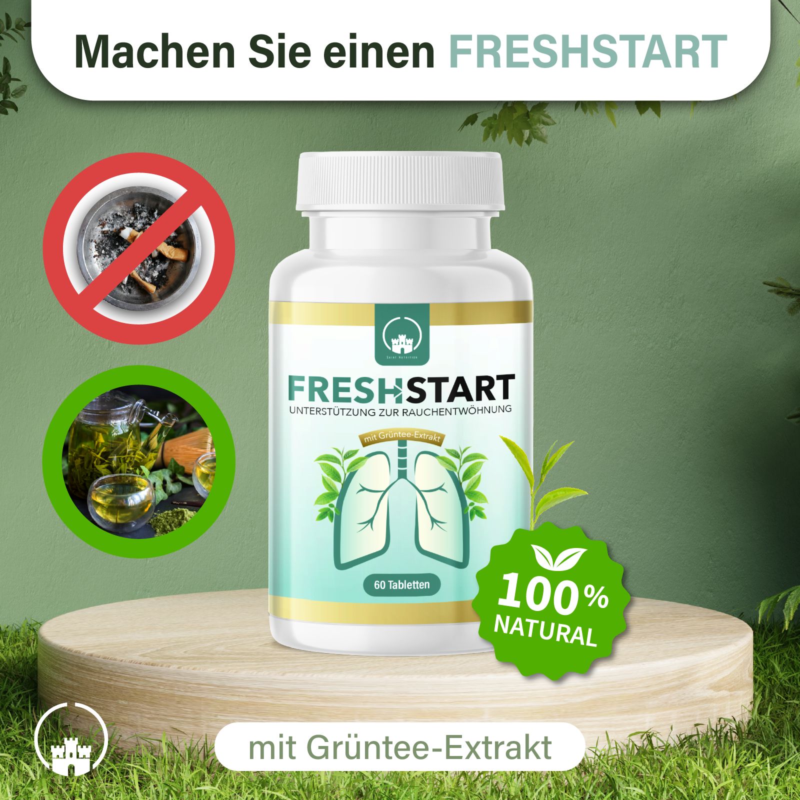 Produkt auf einem Podest. Weiße Flasche mit FRESHSTART, Unterstützung zur Rauchentwöhnung. 100% natürlich. Grüner Tee Extrakt.
