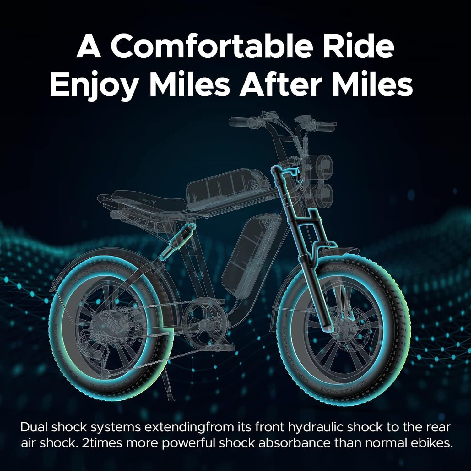 Drahtzeichnung eines Elektrofahrrads. Text: A Comfortable Ride Enjoy Miles After Miles. Blaue Hintergrund.