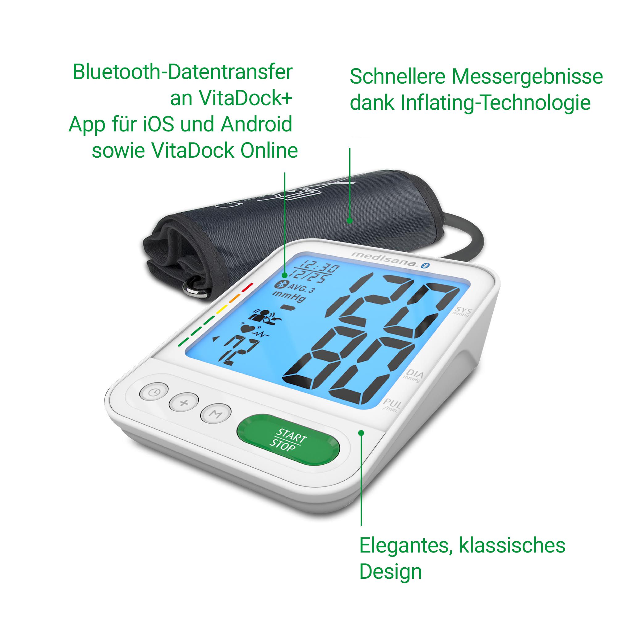 Medisana Blutdruckmessgerät: Bluetooth-Übertragung, Inflating-Technologie, klassisches Design.