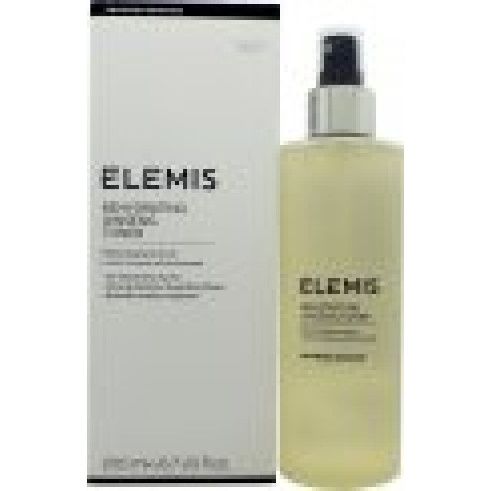 Behälter und Verpackung. Aufschrift: Elemis. Produktname und Text. Sprühflasche mit durchsichtiger Flüssigkeit. Weiße Verpackung.