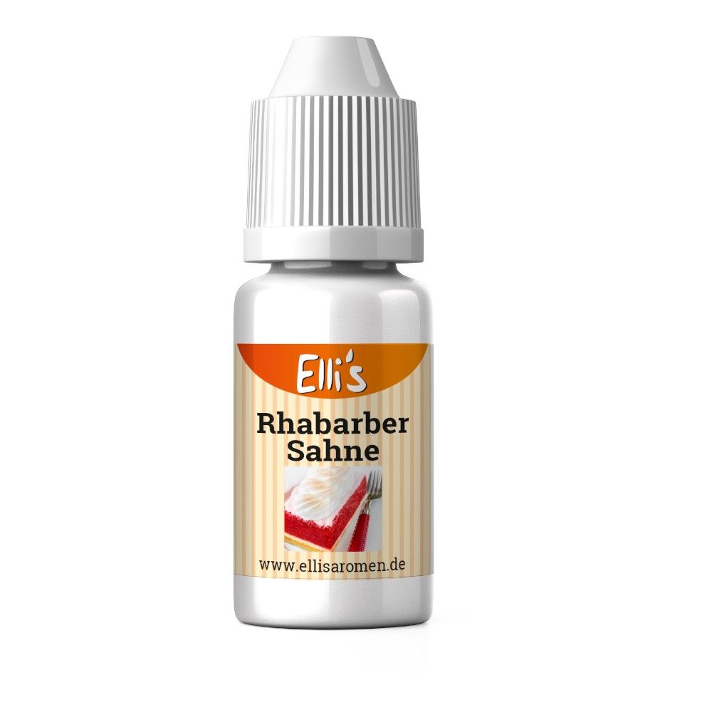 Fläschchen mit weißem Deckel. Aufschrift: Elli's Rhabarber Sahne. Etikett mit Kuchen-Abbildung. www.ellisaromen.de.