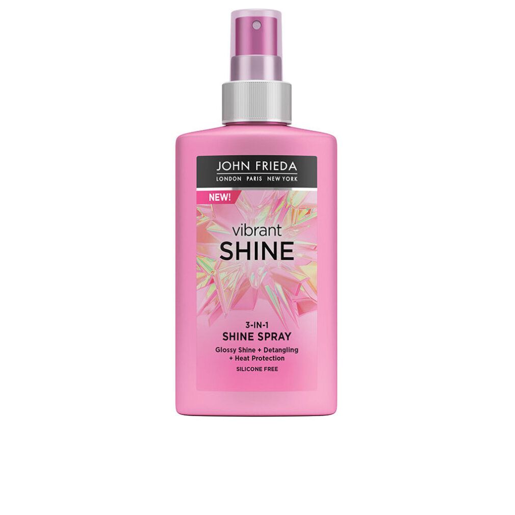 Rosa Flasche mit Sprühkopf. Aufschrift: John Frieda, Vibrant Shine, 3-in-1 Shine Spray. Enthält Glanz, Entwirrung, Hitzeschutz. Silikonfrei.