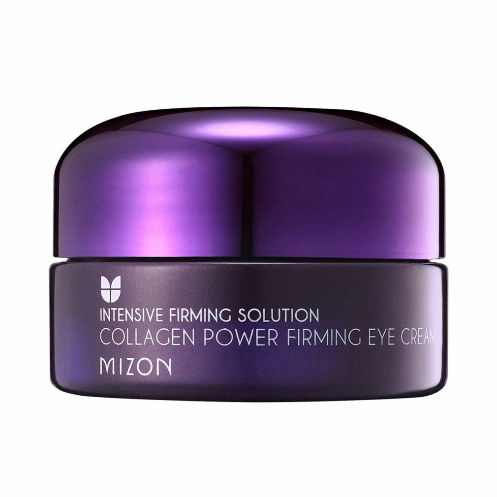 Augencreme-Tiegel mit lila Deckel. Schwarzer Behälter mit weißer Schrift: Collagen Power Firming Eye Cream. Marke: Mizon.