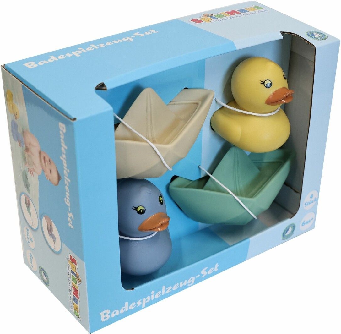 Badespielzeug-Set mit gelber Ente, blauer Ente und zwei Booten in einer Schachtel. Spielzeug mit Schnüren.