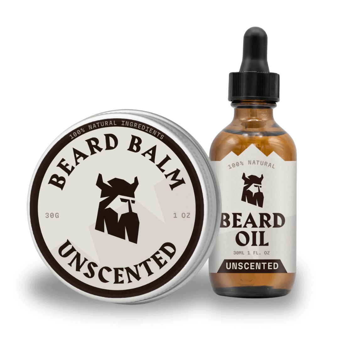 Runde Dose und Flasche mit Etiketten. Aufschrift: BEARD BALM, BEARD OIL, UNSCENTED. Beide Produkte haben einen schwarzen Deckel.