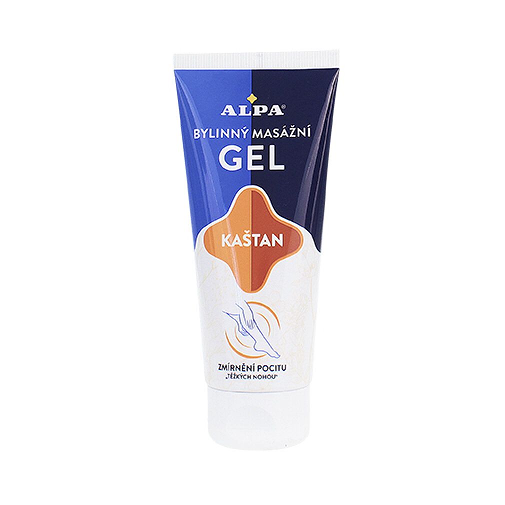 Tube mit Massage-Gel. Blaue und braune Farbgebung. Aufschrift: ALPA, Bylinný masážní GEL, KASTAN. Illustration eines Fußes.