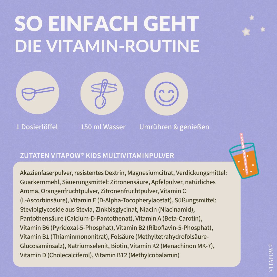 Anleitung zur Zubereitung von Vitapow Kids: Dosierlöffel, Wasser, umrühren & genießen.
