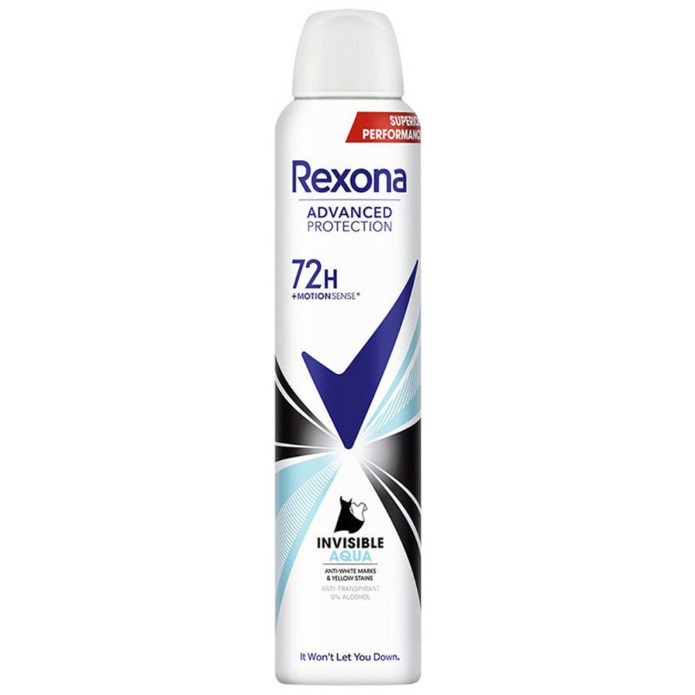 Deodorant-Spray mit weißem Deckel. Aufschrift: Rexona Advanced Protection 72H. Blaue Markierung. Aqua-Logo.