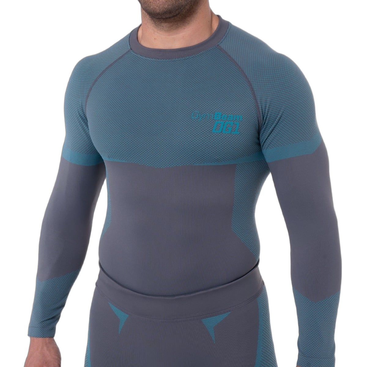 Eng anliegendes Herren-Langarmshirt in Grau und Blau, Vorderansicht mit dezentem Muster.