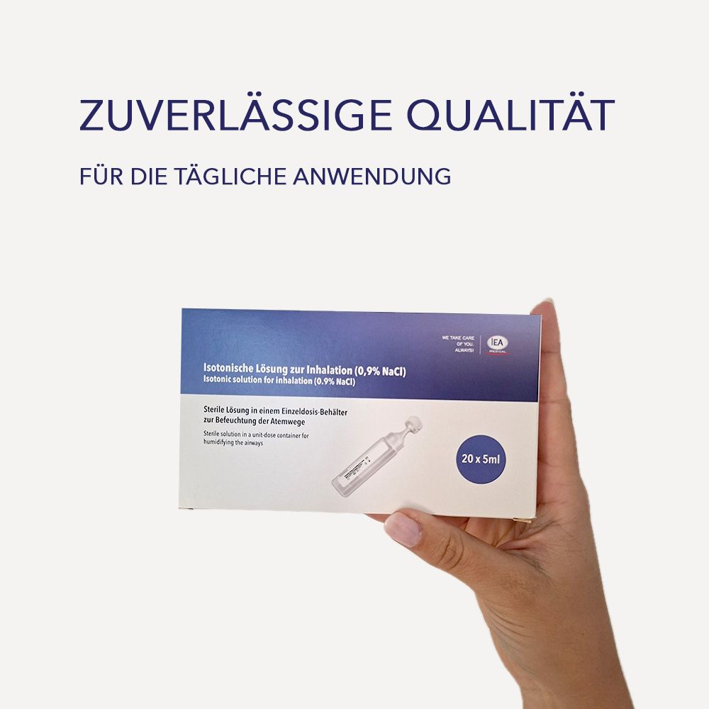 Hand hält Produktverpackung. Aufschrift: Isotonische Lösung zur Inhalation. 20 x 5ml. Text: Zuverlässige Qualität für die tägliche Anwendung.