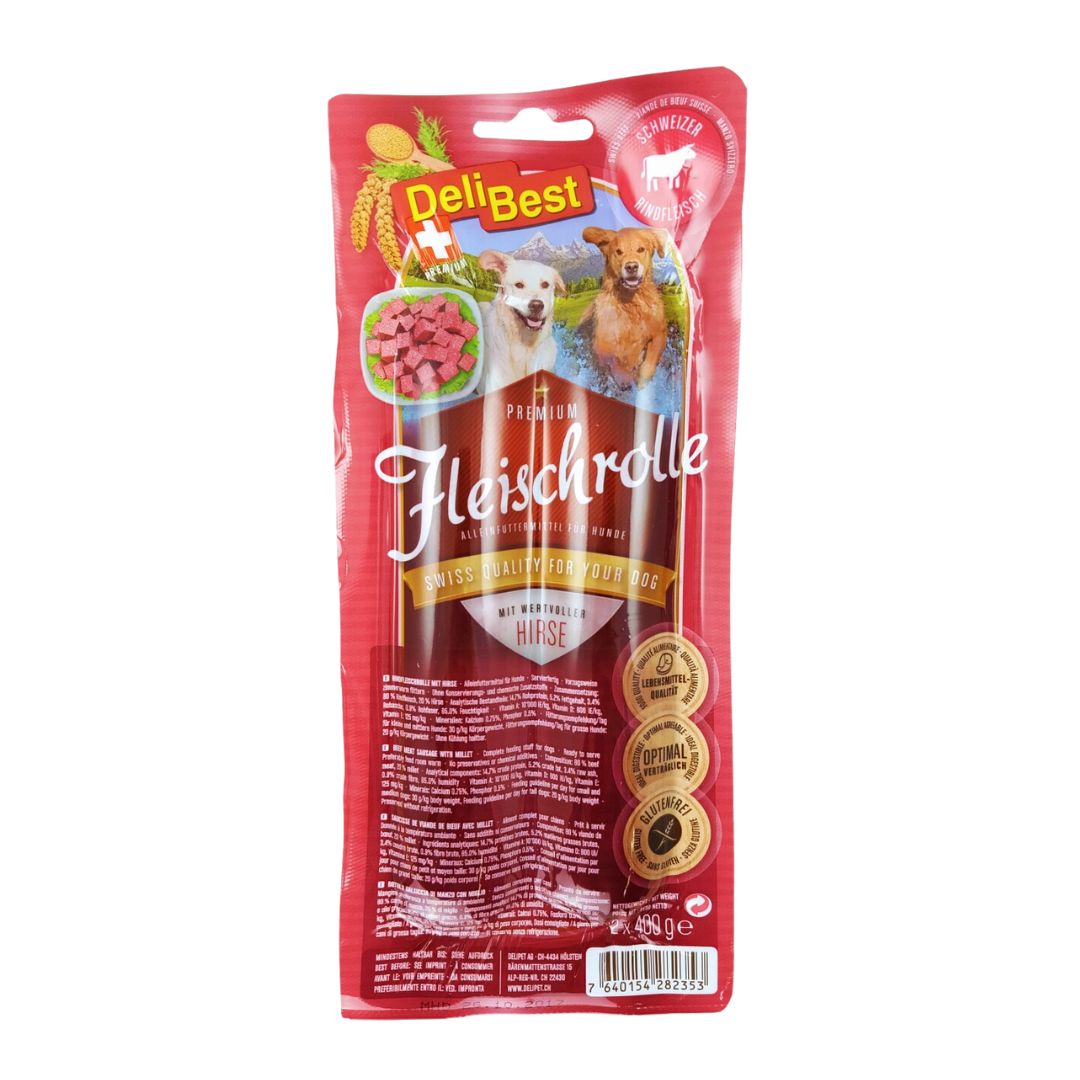 Verpackung mit Fleischrolle. Rote Verpackung mit Produktbildern und Logos. Text: Fleischrolle Schweizer Rind mit Hirse. Siegel: Optimal, Glutenfrei.