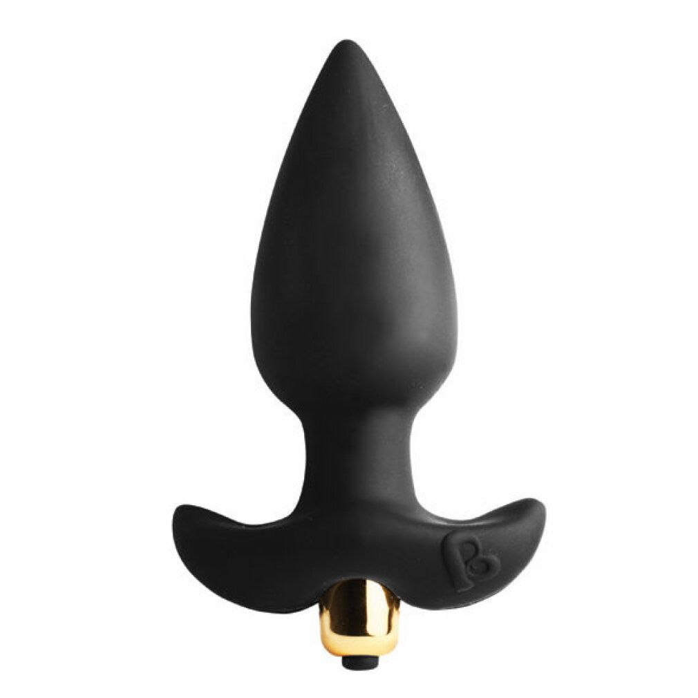 Schwarzer, tropfenförmiger Analplug mit goldfarbenem Sockel. Griff mit Logo. Aus Silikon.
