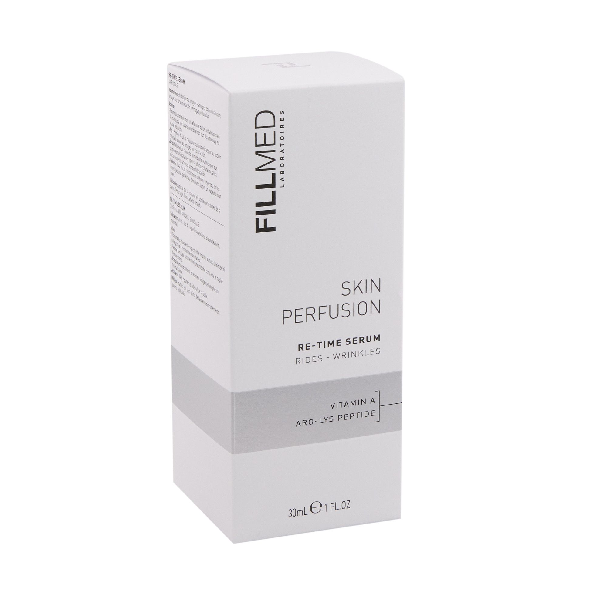 Weiße Verpackung mit Produktinformationen. Aufschrift FILLMED, SKIN PERFUSION, RE-TIME SERUM. Enthält Vitamin A und ARG-LYS PEPTIDE. 30ml.