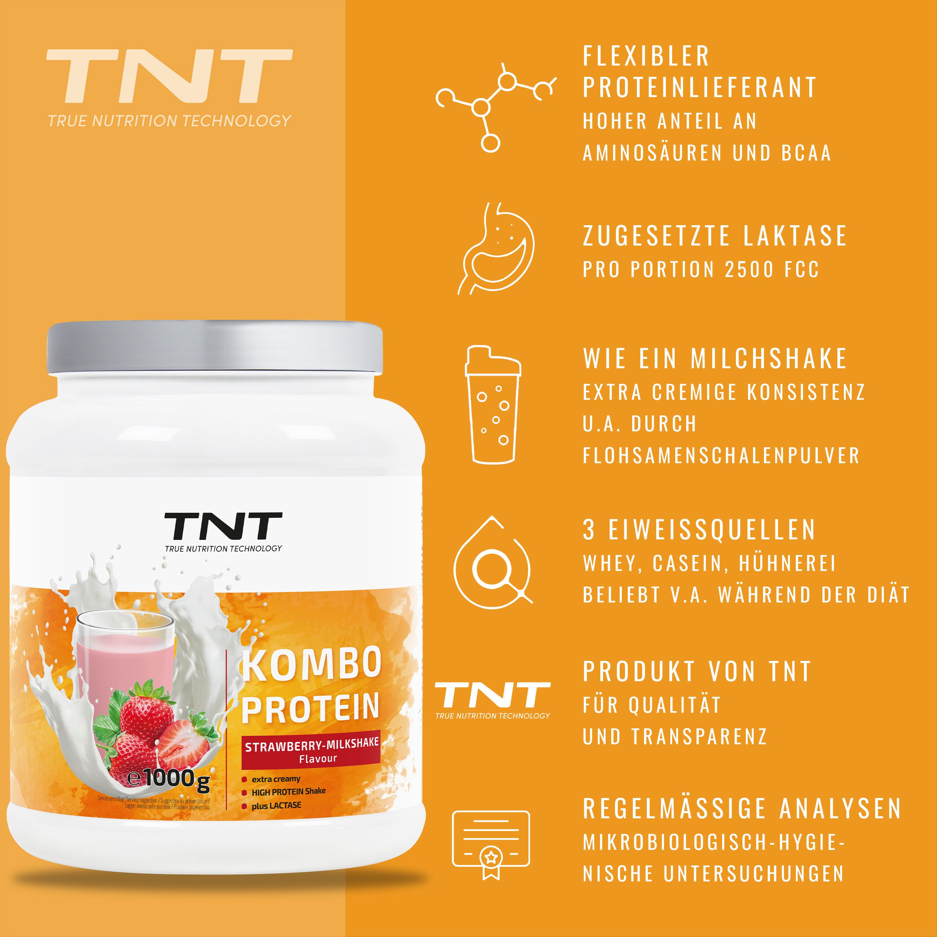 Weißes TNT Kombo Protein-Behälter mit Erdbeer-Milchshake-Geschmack. Orangefarbener Hintergrund mit Text und Grafiken zu Inhaltsstoffen und Vorteilen.