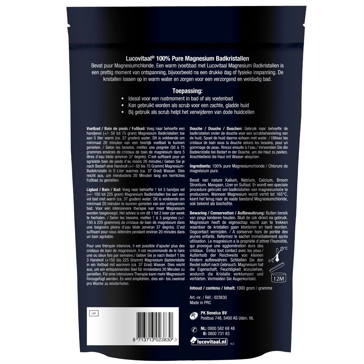 Rückseite einer Verpackung mit Magnesium-Badekristallen. Enthält Anwendungshinweise und Inhaltsstoffe.