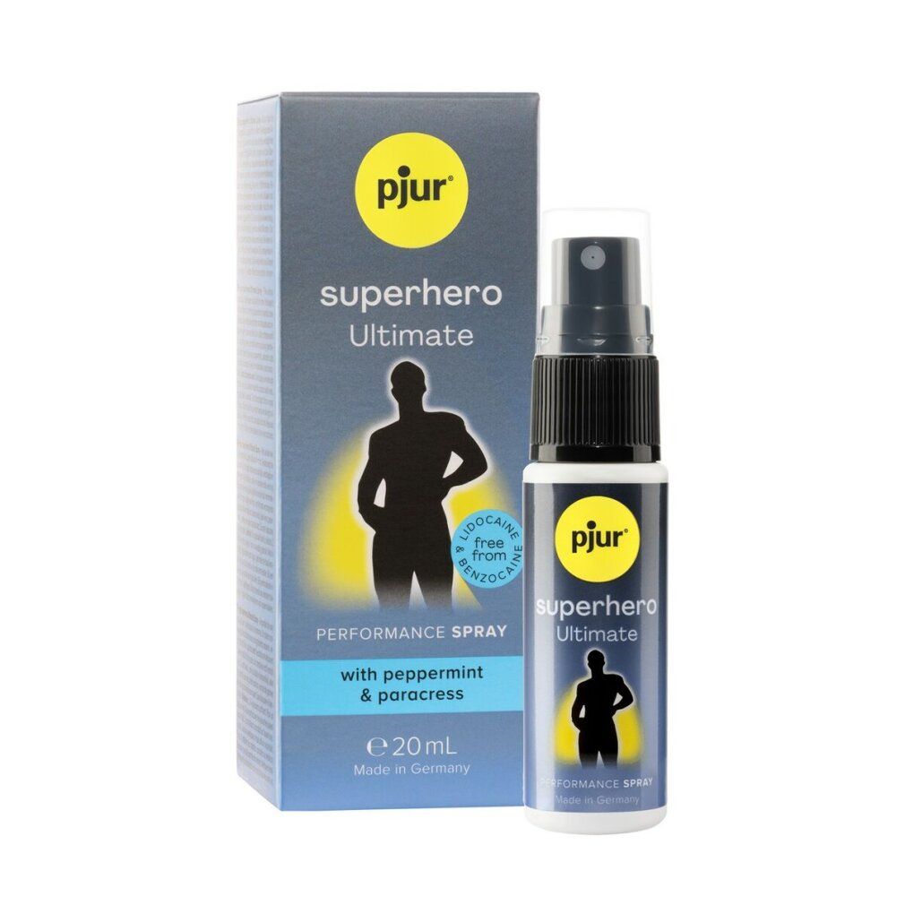 Produktflasche und Verpackung. Aufschrift: pjur, superhero Ultimate, Performance Spray. Enthält Pfefferminze & Paracress. Flasche mit Sprühkopf.