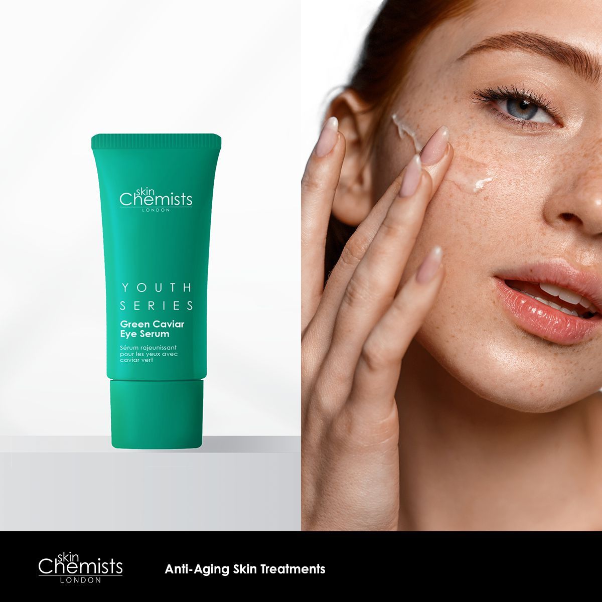 Grüne Tube SkinChemists Jugendserie Grünes Kaviar Augenserum. Aufschrift: Youth Series, Green Caviar Eye Serum. Frau trägt Serum auf.