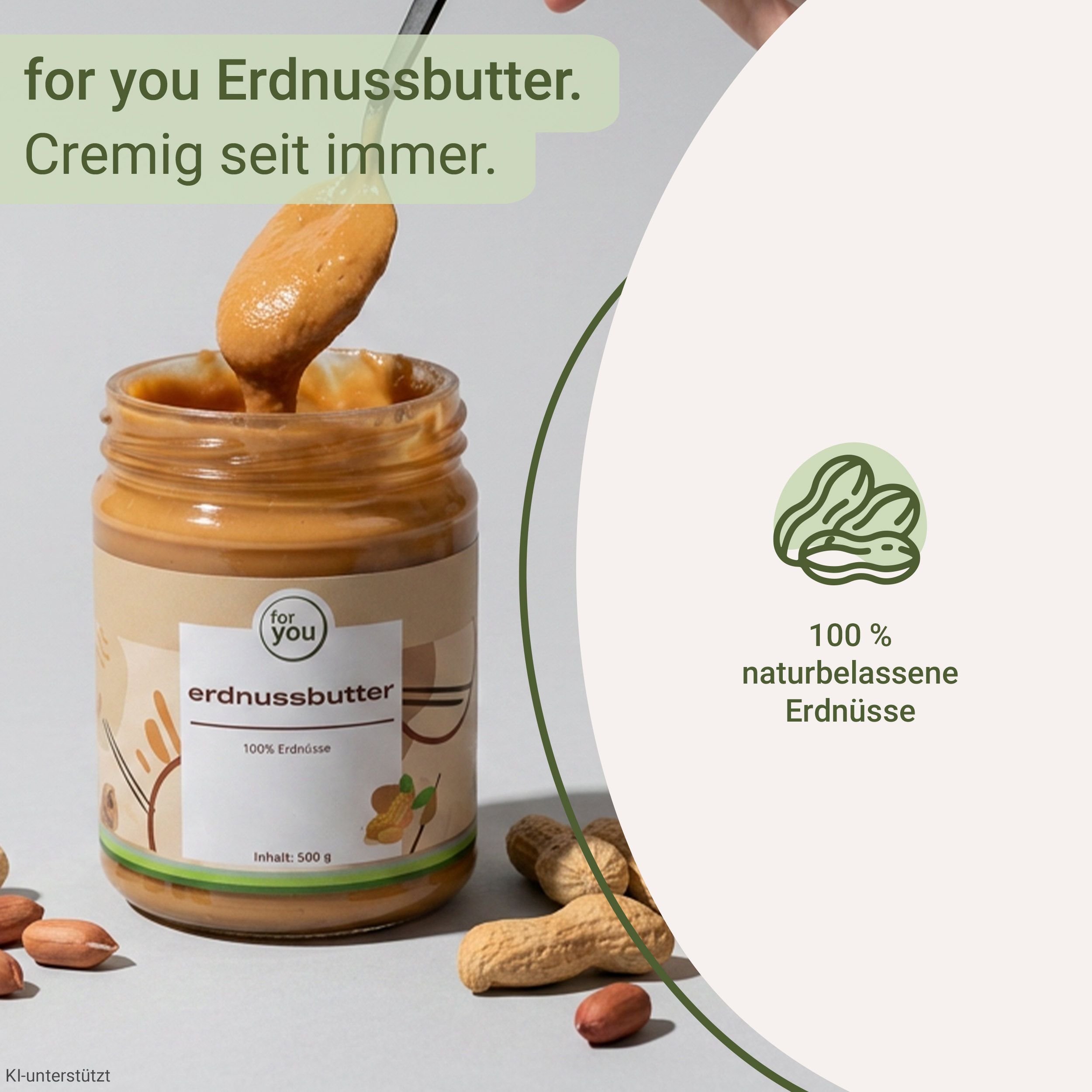 Glas Erdnussbutter mit Etikett, daneben Erdnüsse und ein Icon mit Erdnüssen.