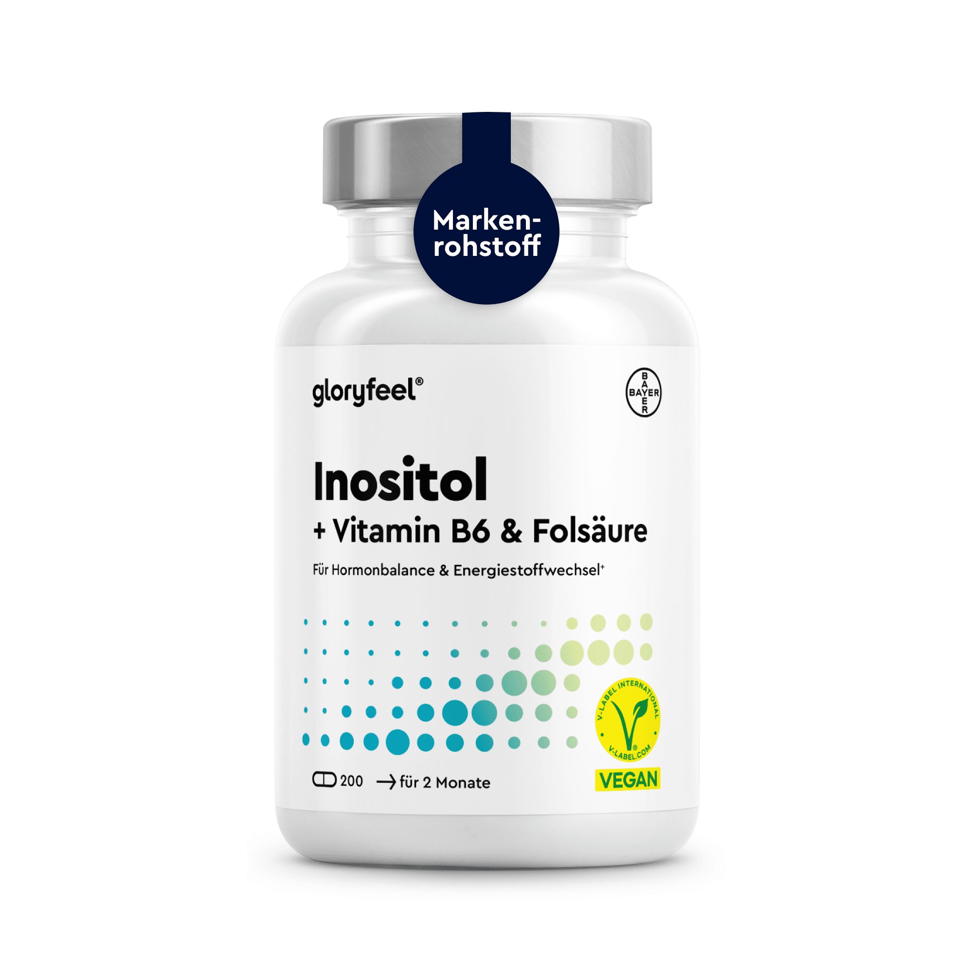 Weiße Flasche mit Kapseln. Aufschrift: Inositol + Vitamin B6 & Folsäure. Vegan-Siegel. Bayer-Logo.