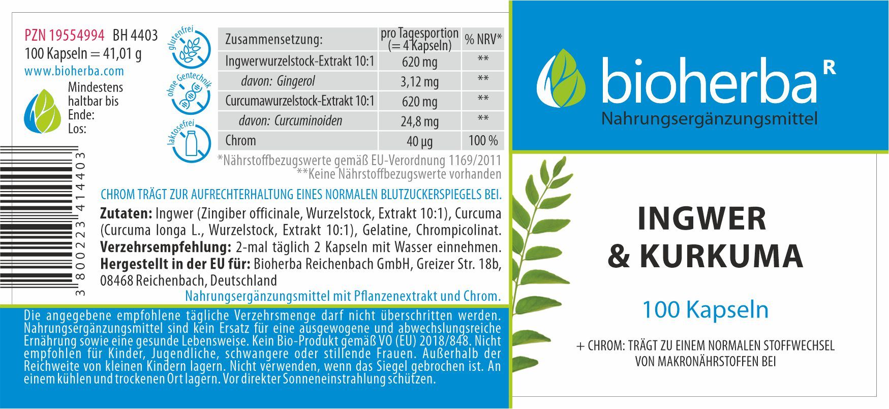 Produktetikett mit Inhaltsstoffen und Nährwertangaben. Enthält Ingwer, Kurkuma, Chrom. Marke: bioherba. 100 Kapseln.