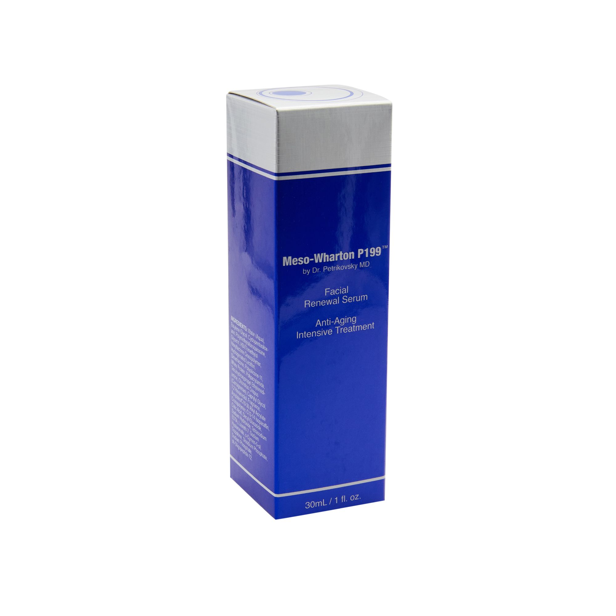 Blaue und weiße Produktverpackung. Aufschrift: Meso-Wharton P199 Facial Renewal Serum, Anti-Aging Intensive Treatment. 30ml/1 fl oz.