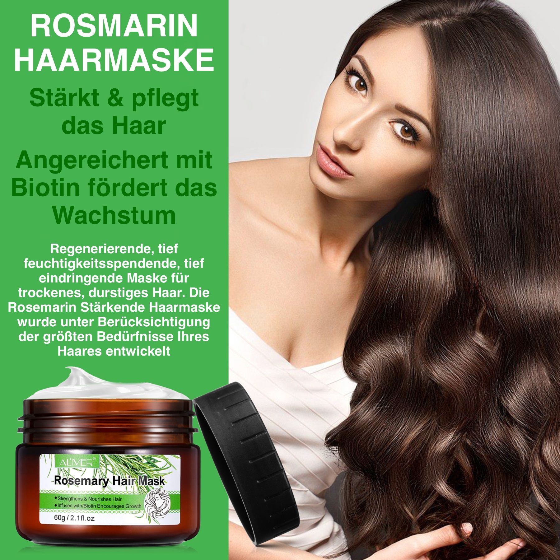 Frau mit langen, braunen Haaren. ALIVER Rosmarin Haarmaske. Text: Stärkt & pflegt das Haar. Angereichert mit Biotin fördert das Wachstum. Regenerierend.