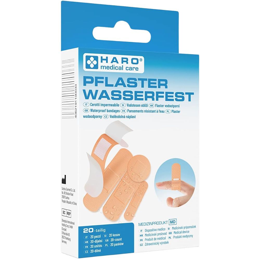 Haro Pflaster Set. Kartonverpackung mit Pflastern. Aufschrift: "Pflaster wasserfest". Gezeigt werden verschiedene Pflasterformen und eine Hand mit Pflaster.