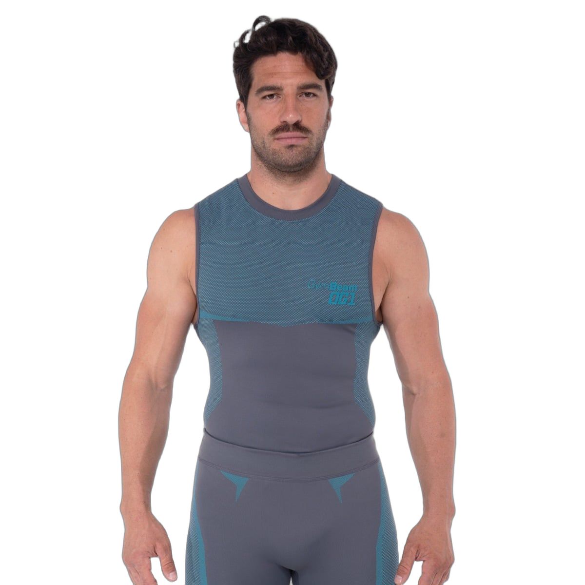 Graues Herren-Tanktop mit blauen Akzenten und GymBeam OG1 Logo.