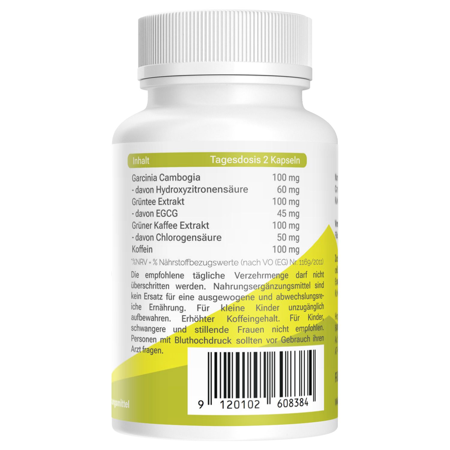 Weiße Kapsel-Dose mit gelbem Etikett. Text: Inhaltsstoffe, Tagesdosis, Nährwertangaben, Barcode.