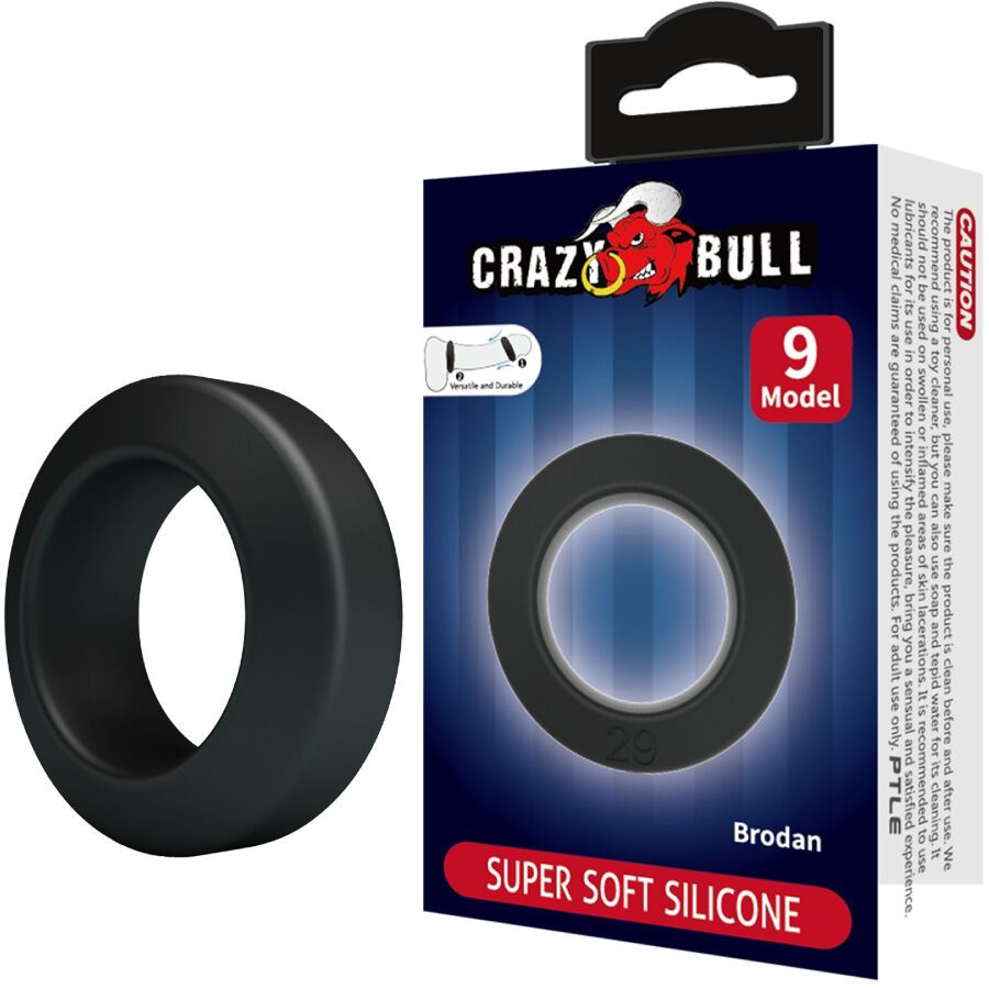 Schwarzer Silikon-Penisring neben Verpackung. Verpackung mit Produktabbildung, Markenname Crazy Bull und Modell 9.