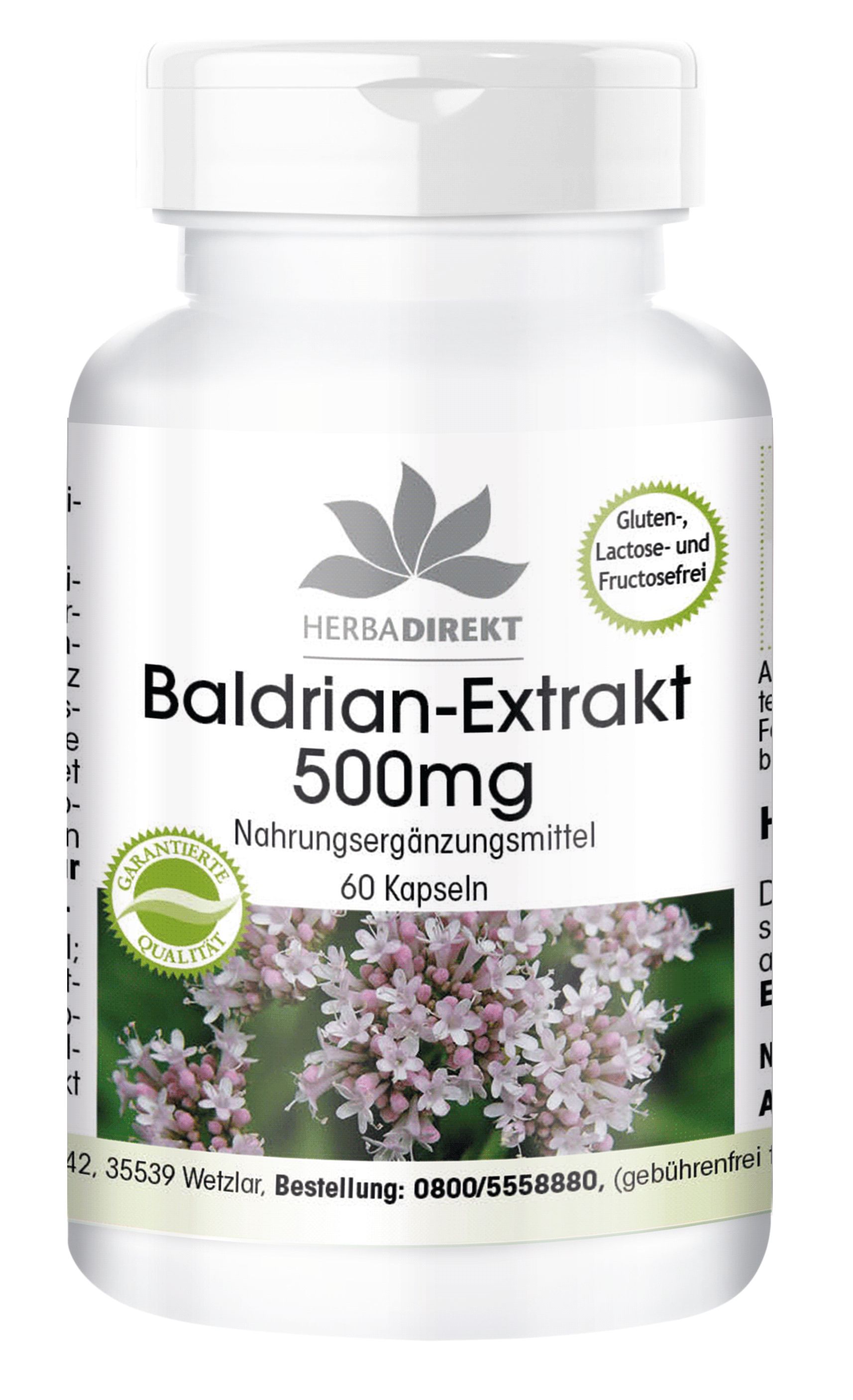 Weiße Flasche mit Kapseln. Aufschrift: Baldrian-Extrakt 500mg, 60 Kapseln. Siegel: Gluten-, Lactose- und Fructosefrei.