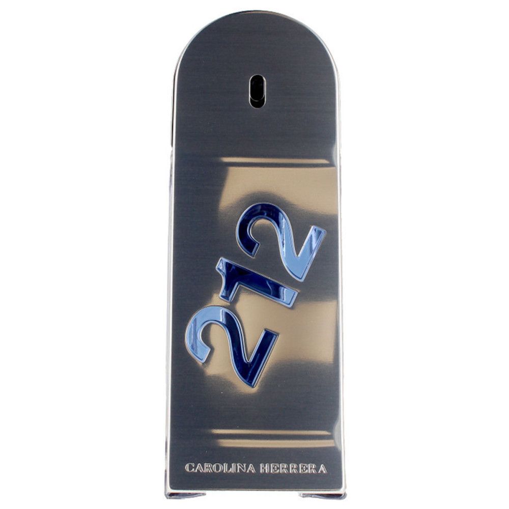 Silberfarbener Flakon in Skateboard-Form. Aufschrift: 212. Marke: Carolina Herrera.