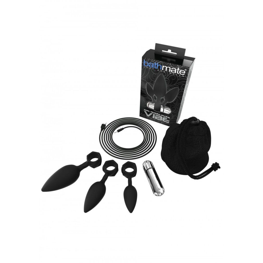 Set mit drei schwarzen Anal-Plugs, Vibrator, Ladekabel und Aufbewahrungsbeutel. Verpackung mit Produktnamen.