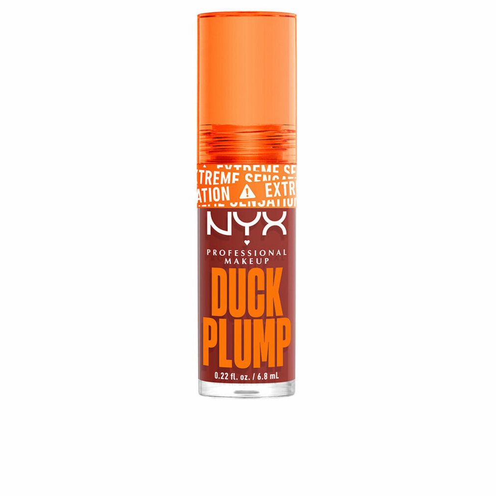 Lipgloss-Tube mit orangefarbener Kappe. NYX Professional Makeup Duck Plump in Rotbraun. Text: Extreme Sensation.