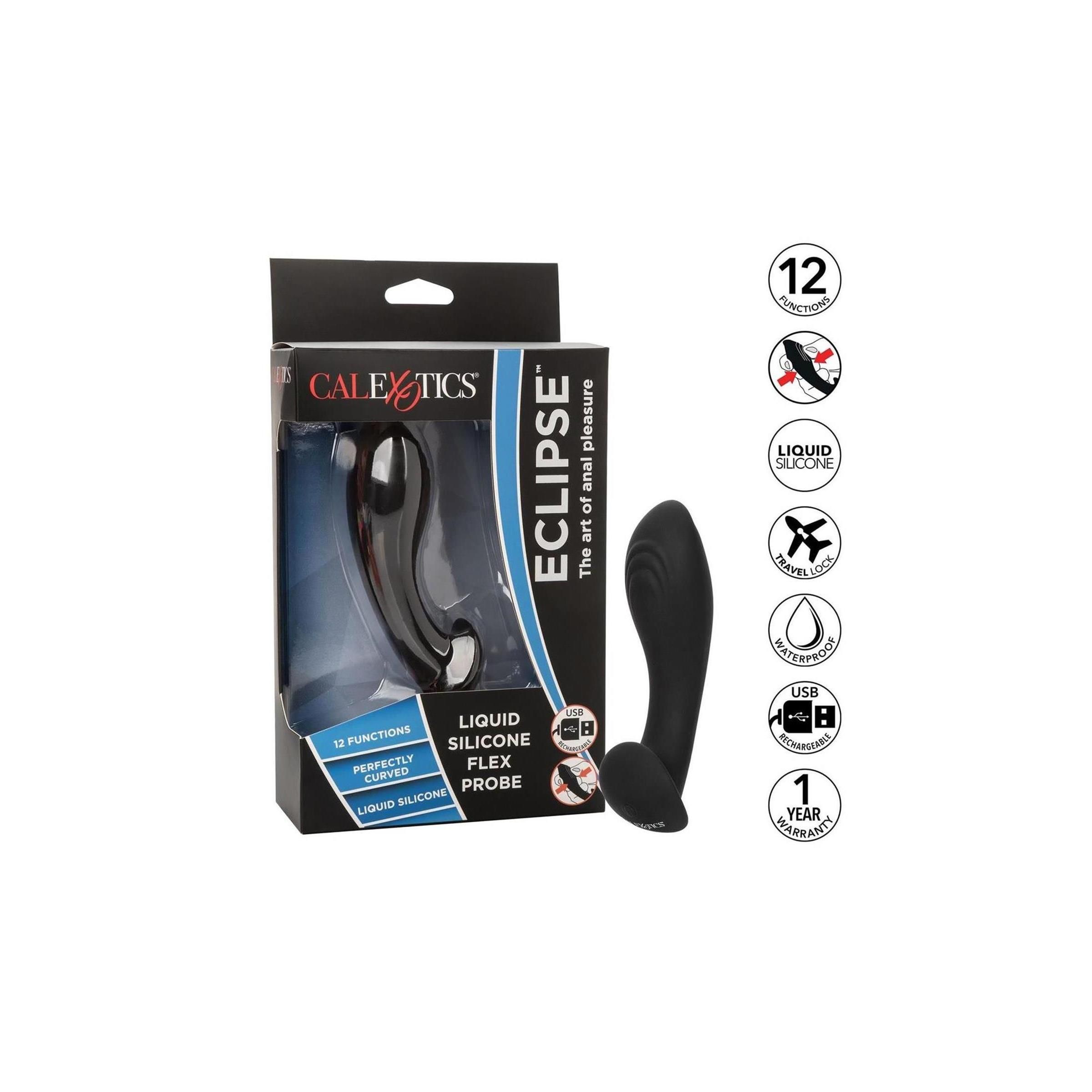 Verpackung mit Analspielzeug. Marke Calexotics, Produktname Eclipse. Text: Liquid Silicone Flex Probe, 12 Funktionen.
